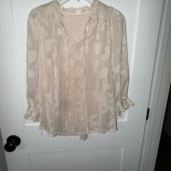 Tan Pleated 3/4 Sleeve Blouse with Mandarin Collar - Picture 1 of 5
